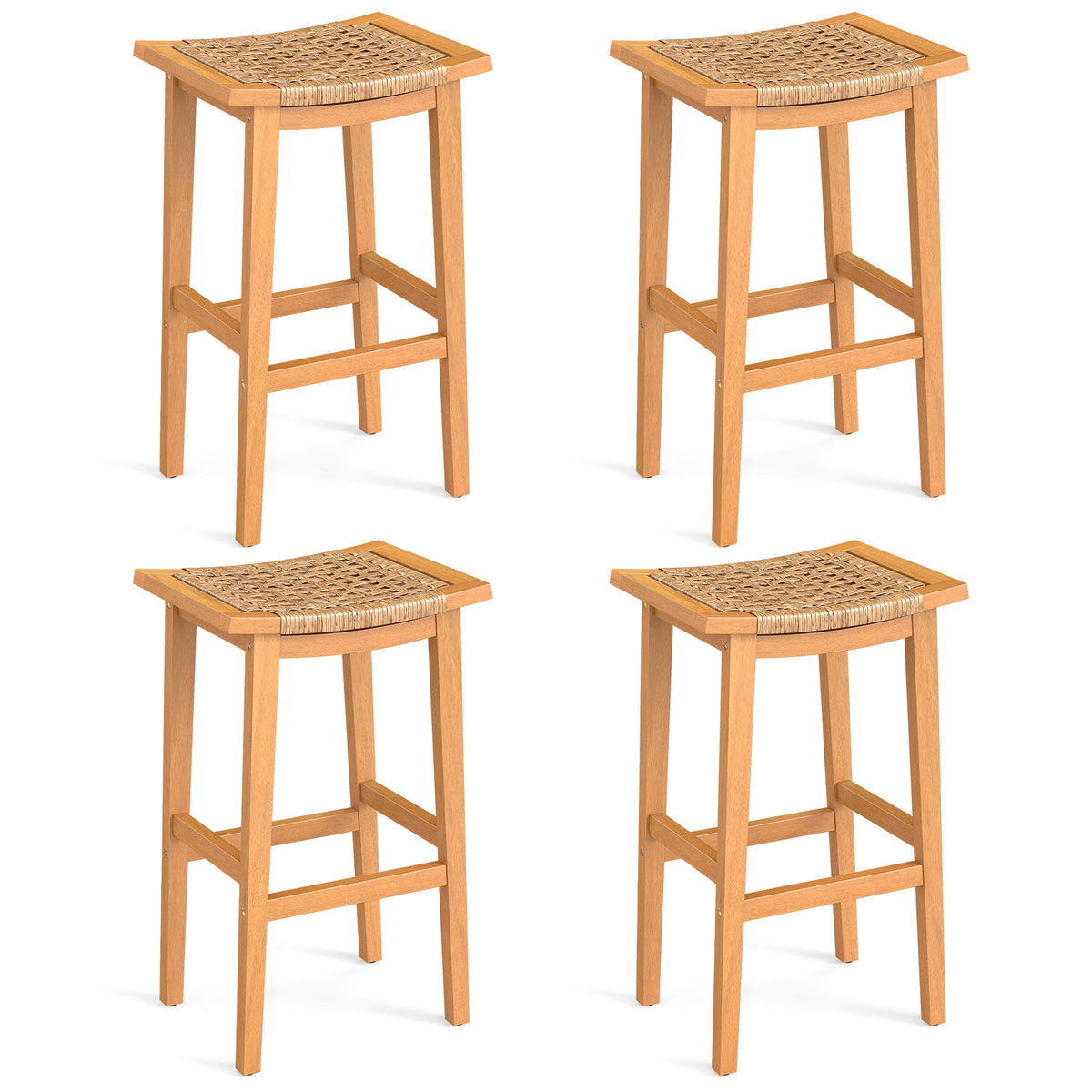 Outdoor Acacia Wood Bar Stools Set of 2 with PE Rattan Seats and