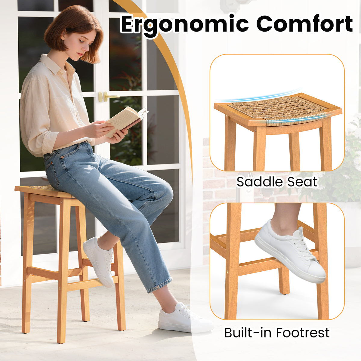 Outdoor Acacia Wood Bar Stools Set of 2 with PE Rattan Seats and