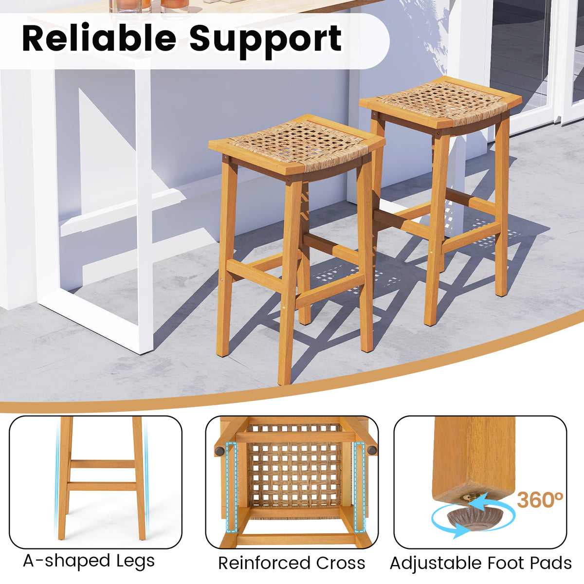 Outdoor Acacia Wood Bar Stools Set of 2 with PE Rattan Seats and