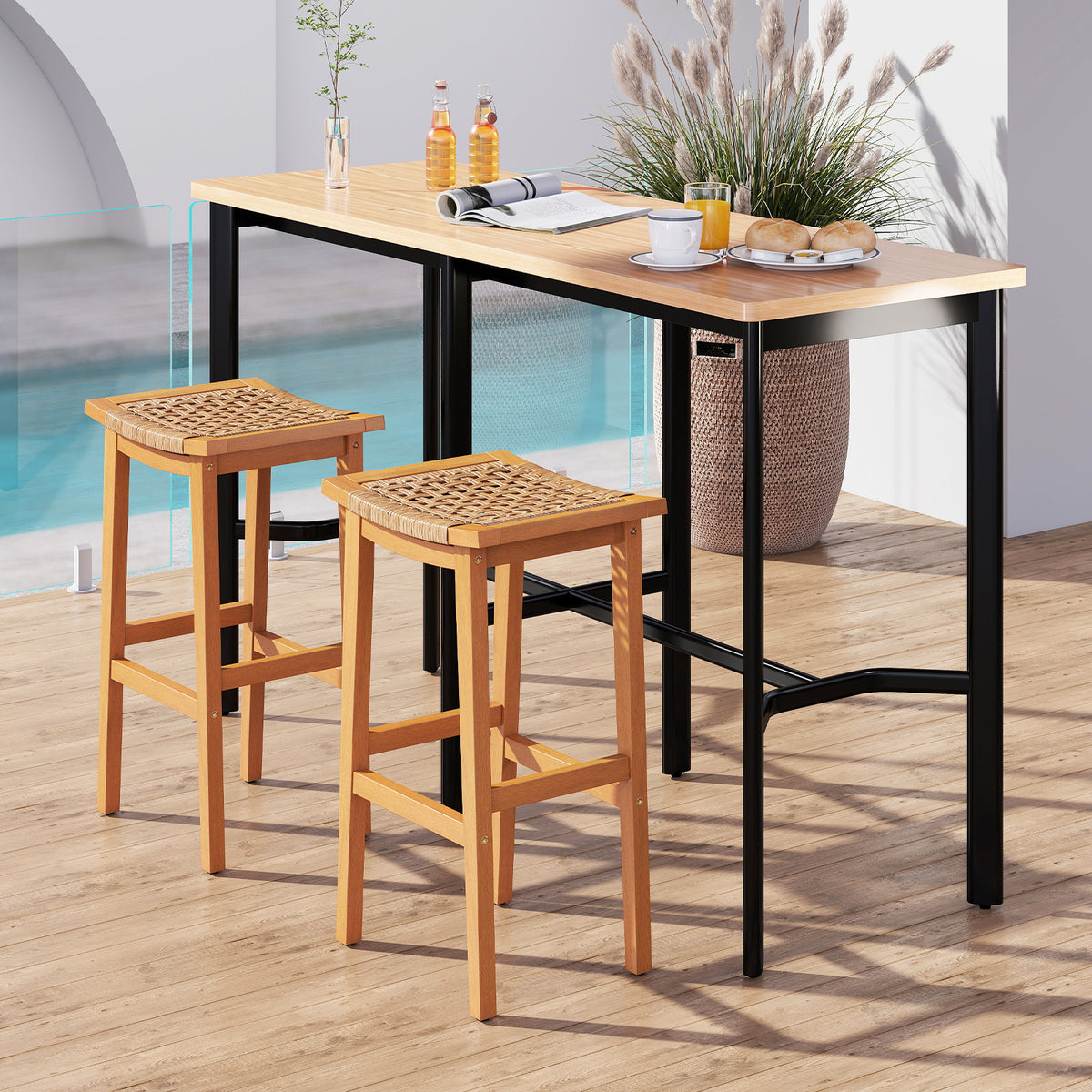 Outdoor Acacia Wood Bar Stools Set of 2 with PE Rattan Seats and