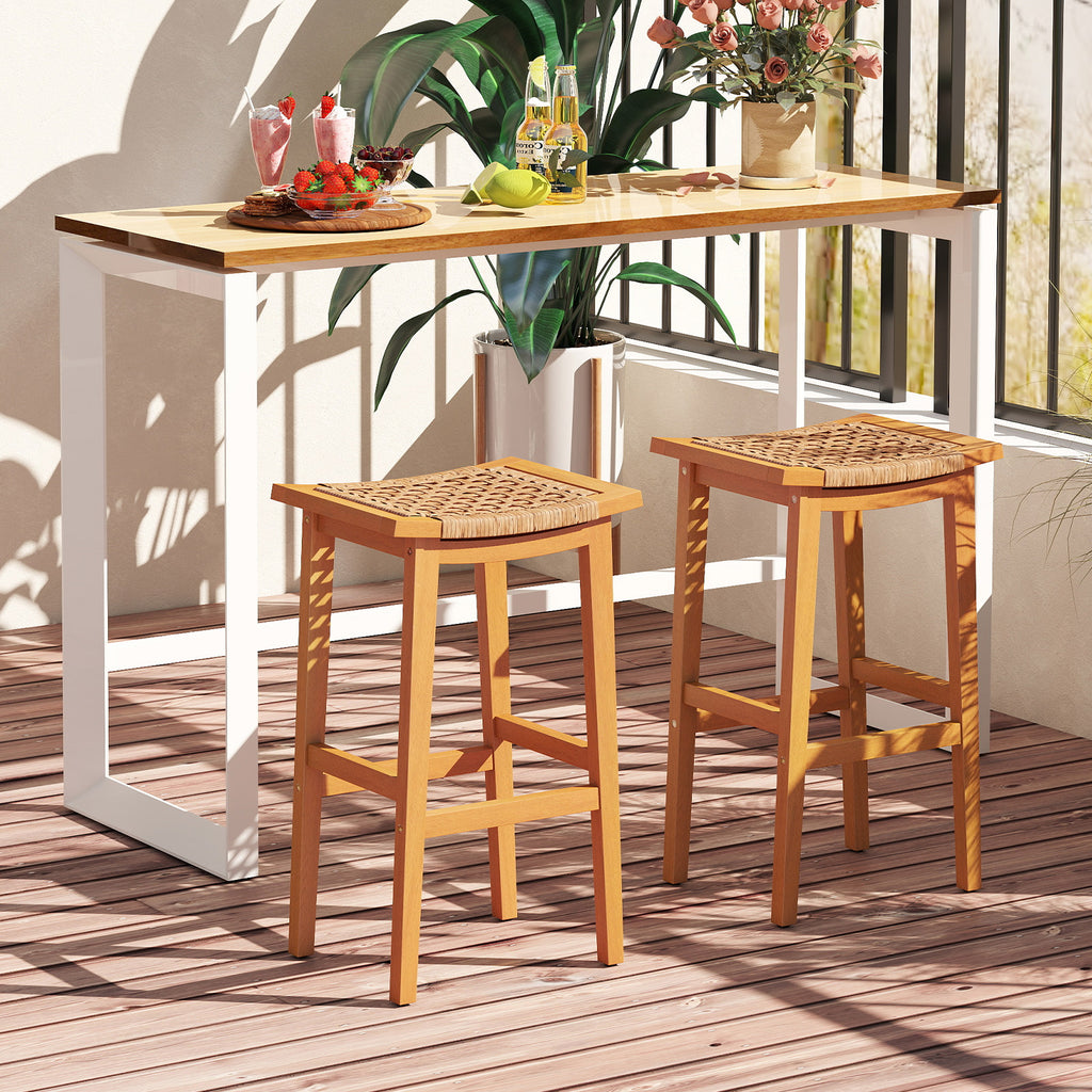 Outdoor Acacia Wood Bar Stools Set of 2 with PE Rattan Seats and
