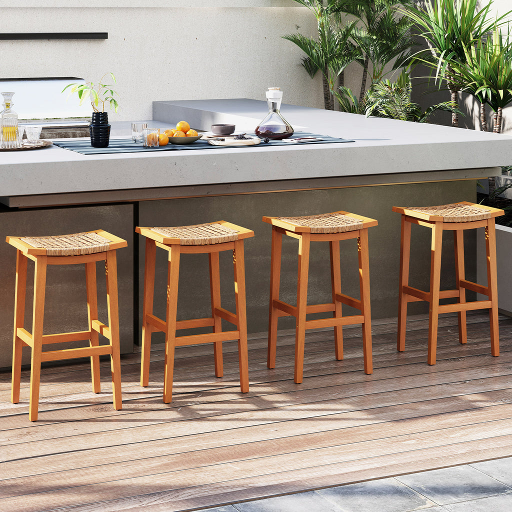 Outdoor Acacia Wood Bar Stools Set of 2 with PE Rattan Seats and