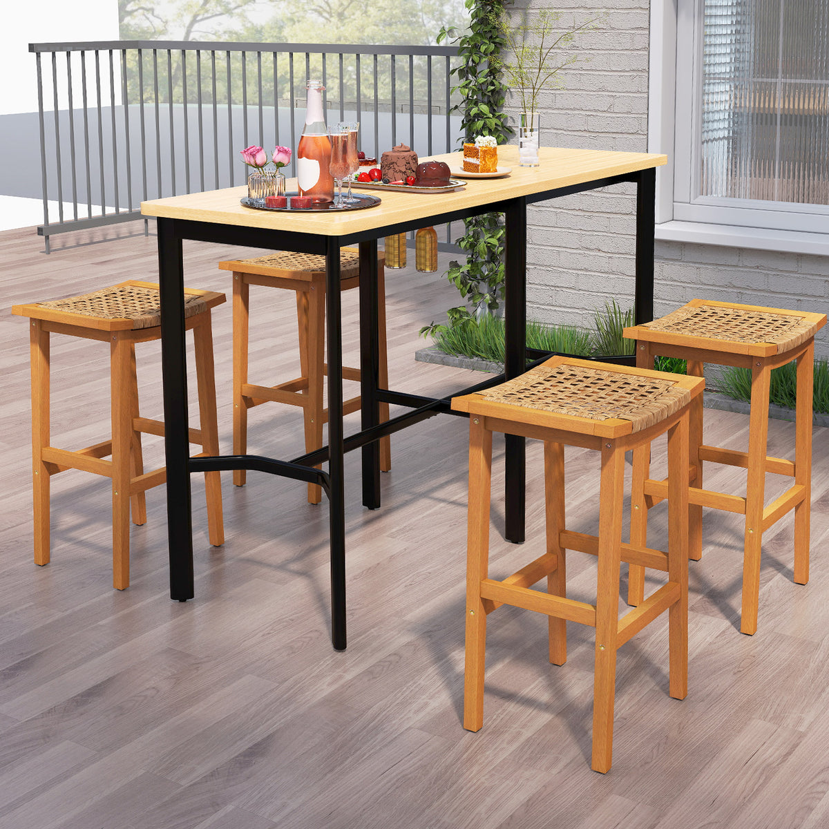 Outdoor Acacia Wood Bar Stools Set of 2 with PE Rattan Seats and