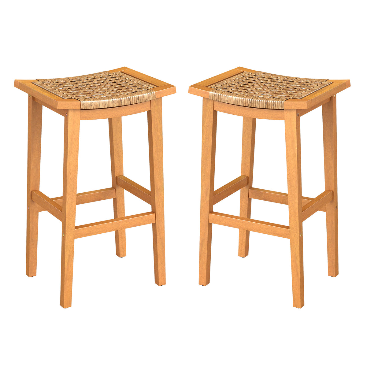 Outdoor Acacia Wood Bar Stools Set of 2 with PE Rattan Seats and