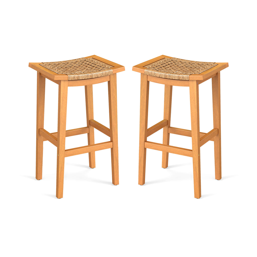 Outdoor Acacia Wood Bar Stools Set of 2 with PE Rattan Seats and