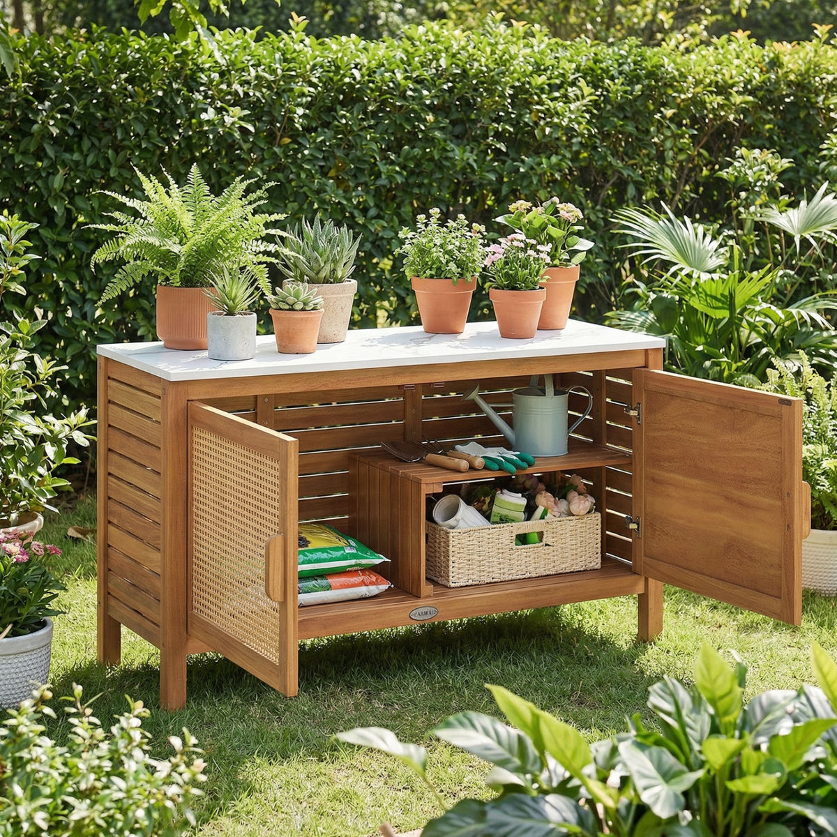 Outdoor Acacia Wood Storage Cabinet Outside Tool with Fax Marble Top