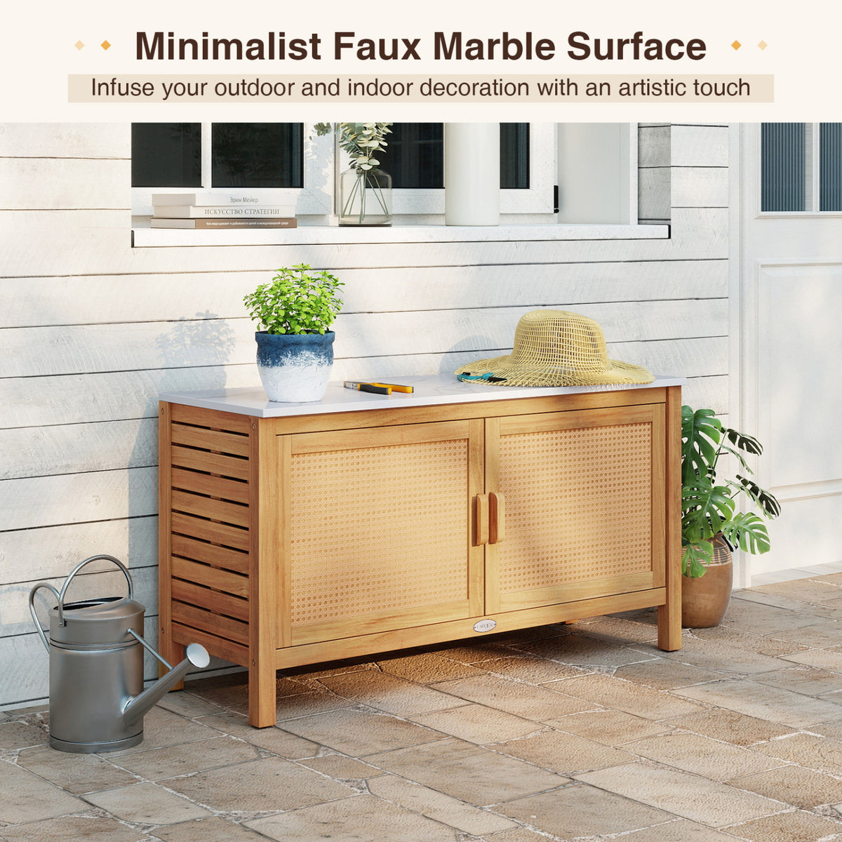 Outdoor Acacia Wood Storage Cabinet Outside Tool with Fax Marble Top