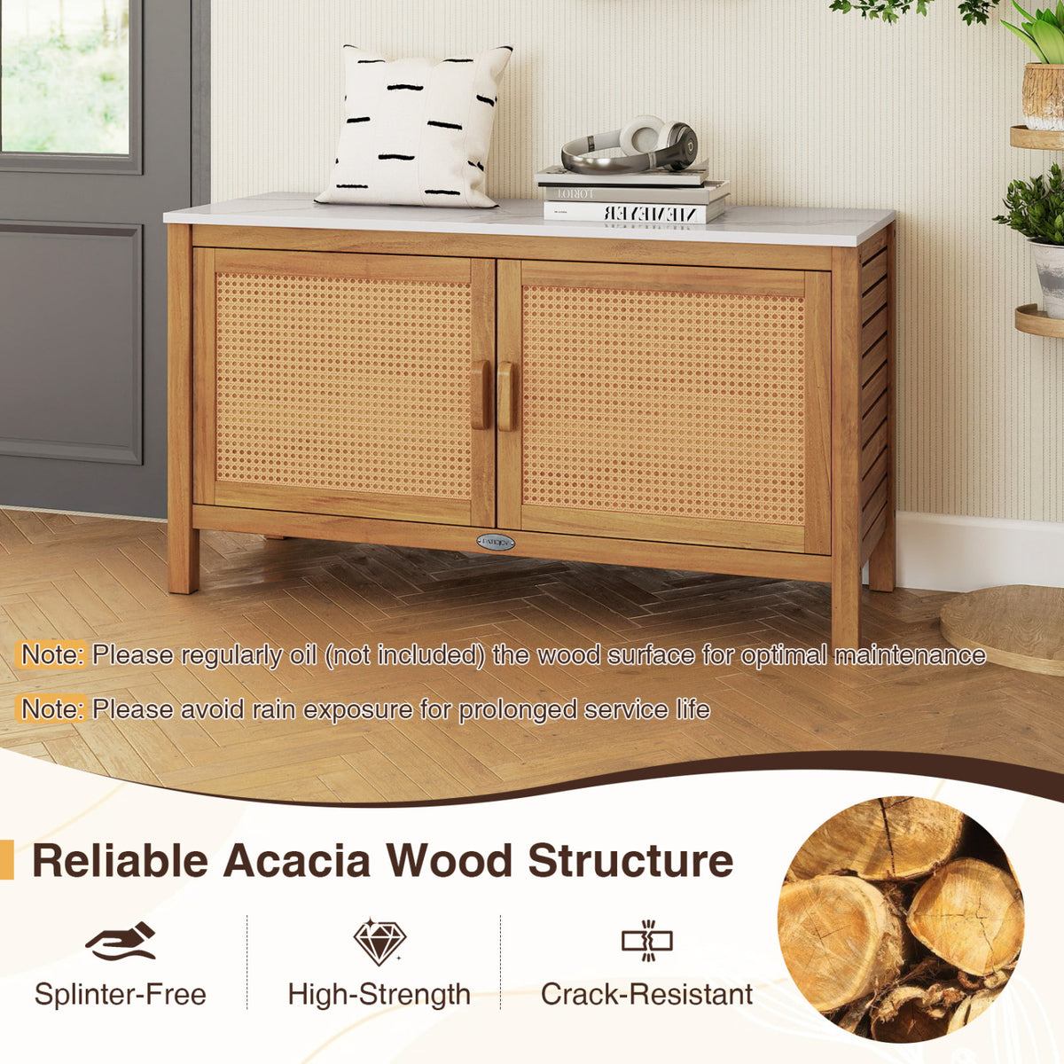 Outdoor Acacia Wood Storage Cabinet Outside Tool with Fax Marble Top