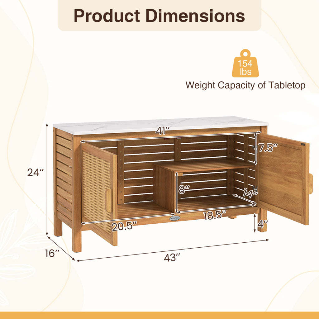 Outdoor Acacia Wood Storage Cabinet Outside Tool with Fax Marble Top