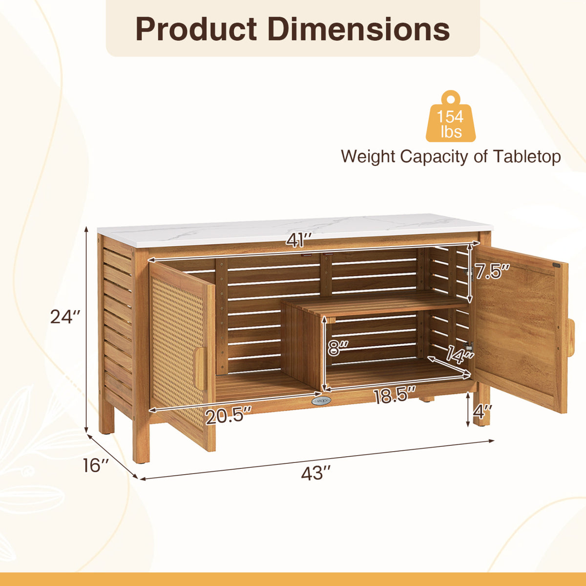 Outdoor Acacia Wood Storage Cabinet Outside Tool with Fax Marble Top