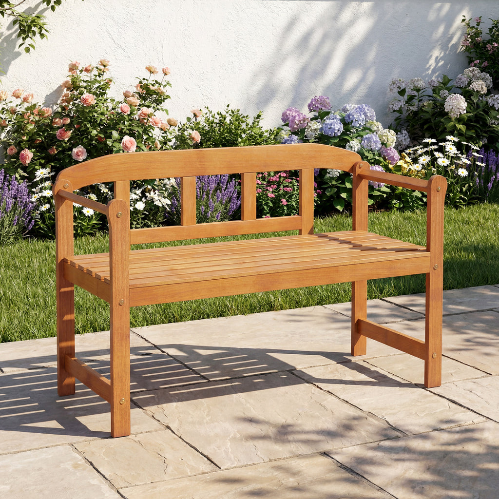 2-Seater Outdoor Acacia Wood Garden Bench with Backrest & Armrests