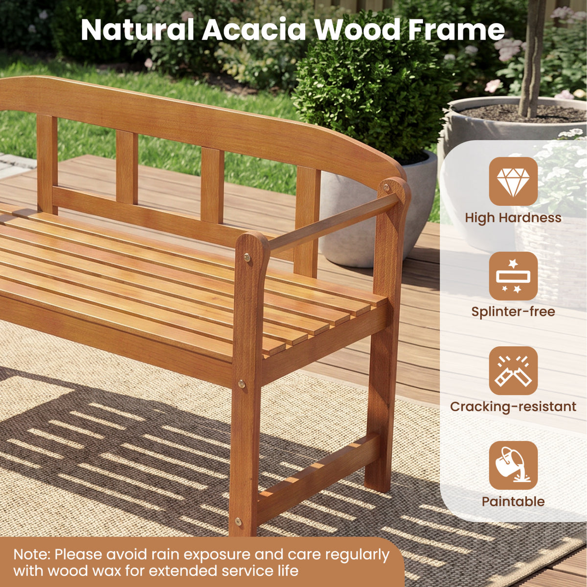 2-Seater Outdoor Acacia Wood Garden Bench with Backrest & Armrests