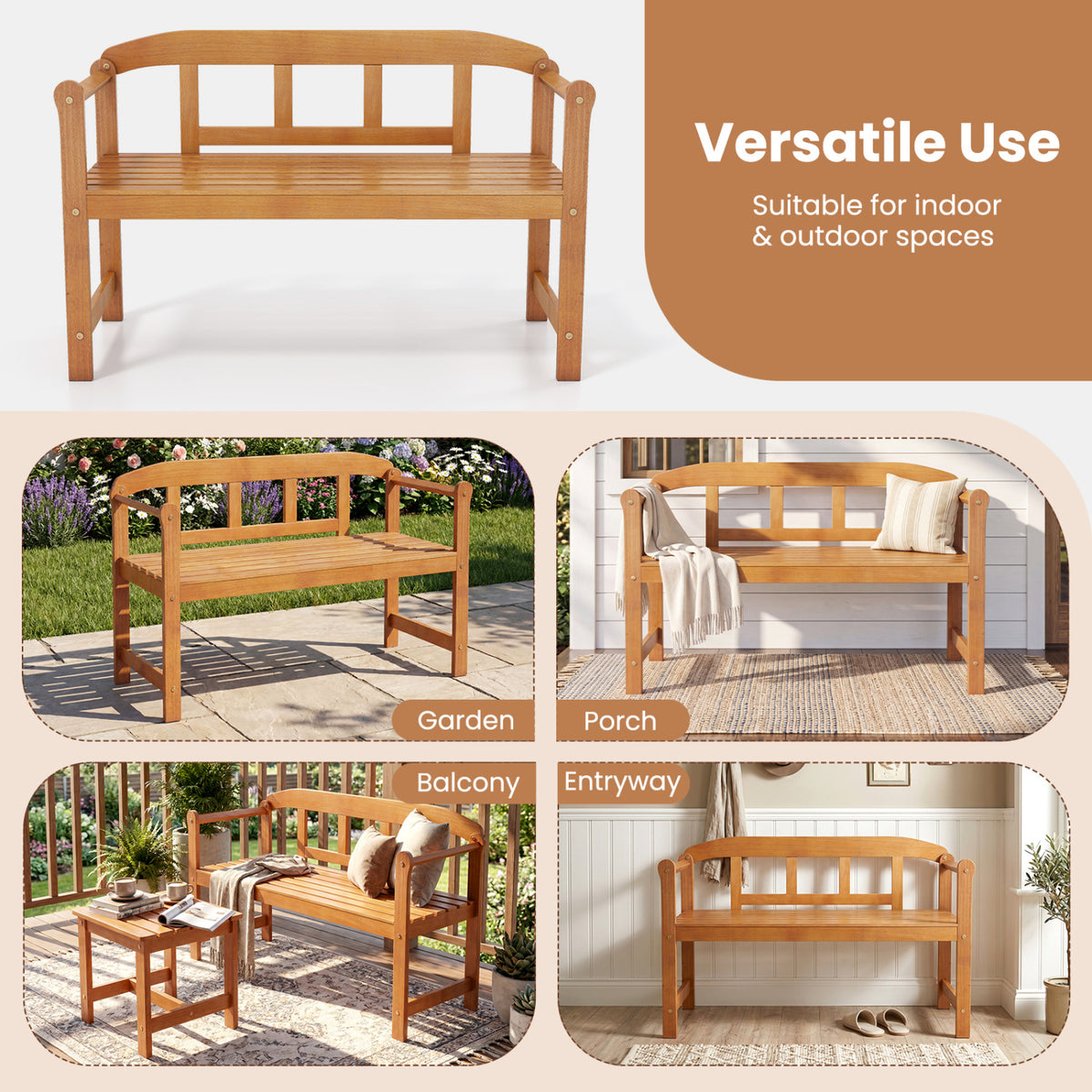 2-Seater Outdoor Acacia Wood Garden Bench with Backrest & Armrests