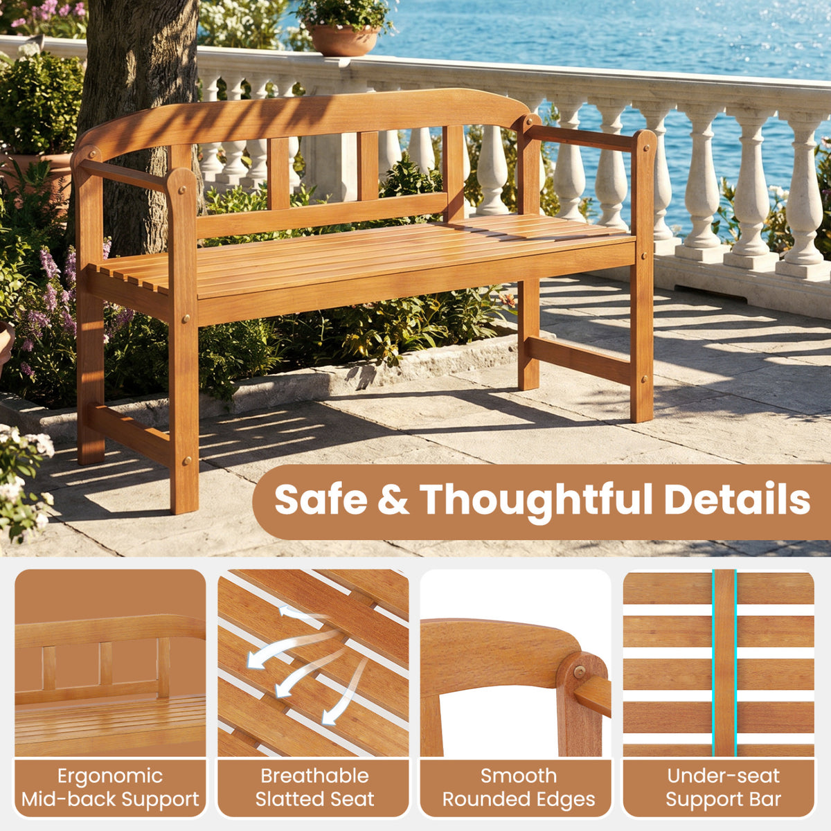 2-Seater Outdoor Acacia Wood Garden Bench with Backrest & Armrests