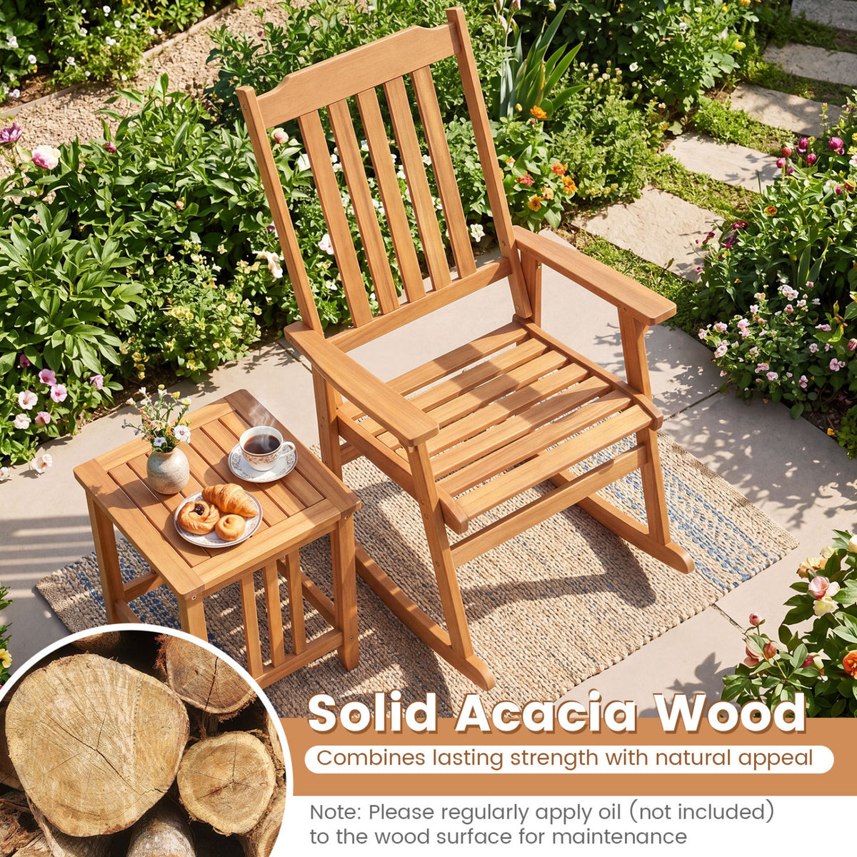 Outdoor Acacia Wood Rocking Chair with High Back and Armrests for