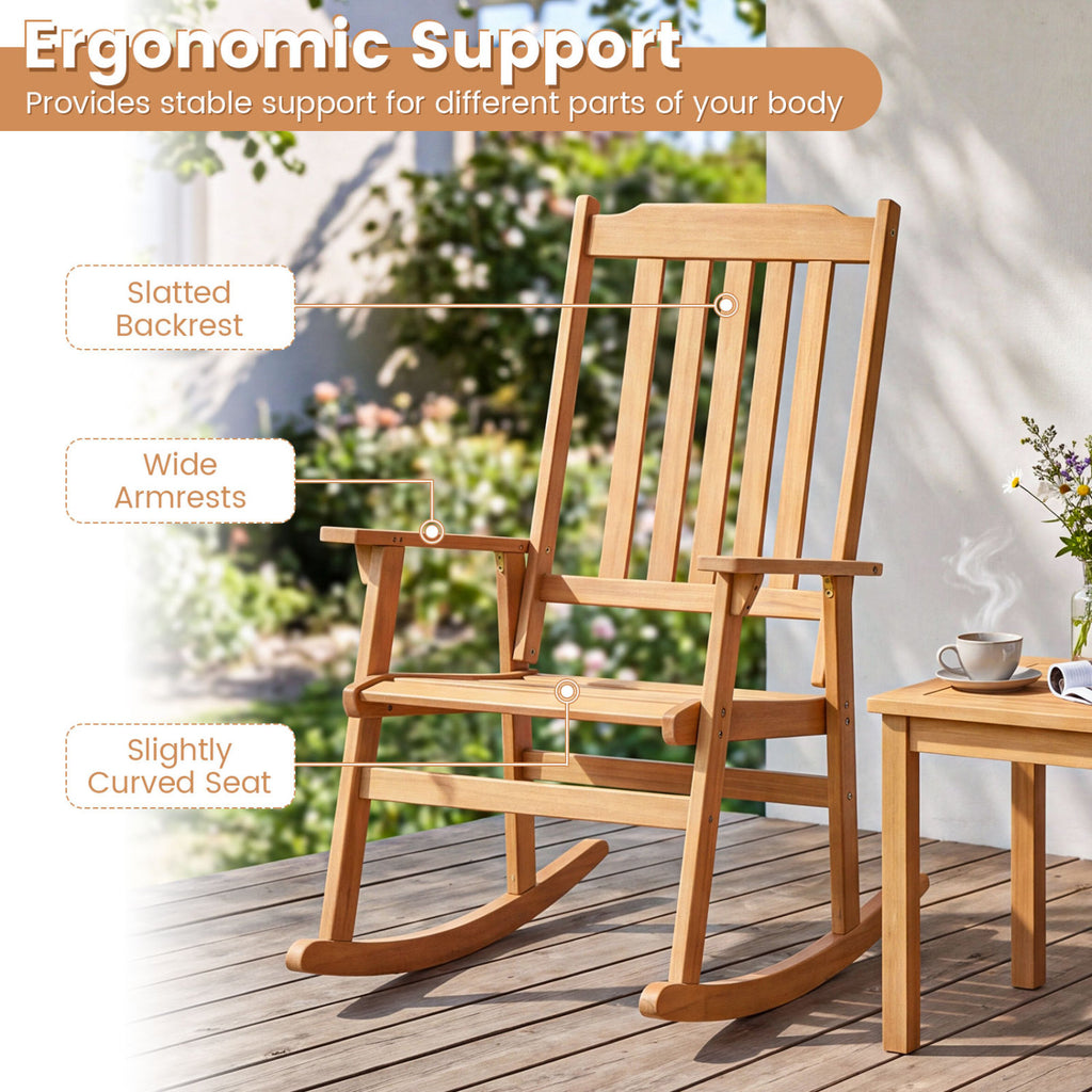 Outdoor Acacia Wood Rocking Chair with High Back and Armrests for