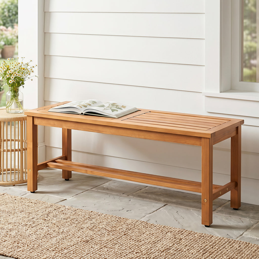 Outdoor Acacia Wood Patio Bench for 2 with Slatted Seat