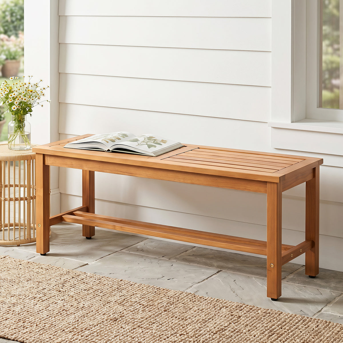 Outdoor Acacia Wood Patio Bench for 2 with Slatted Seat