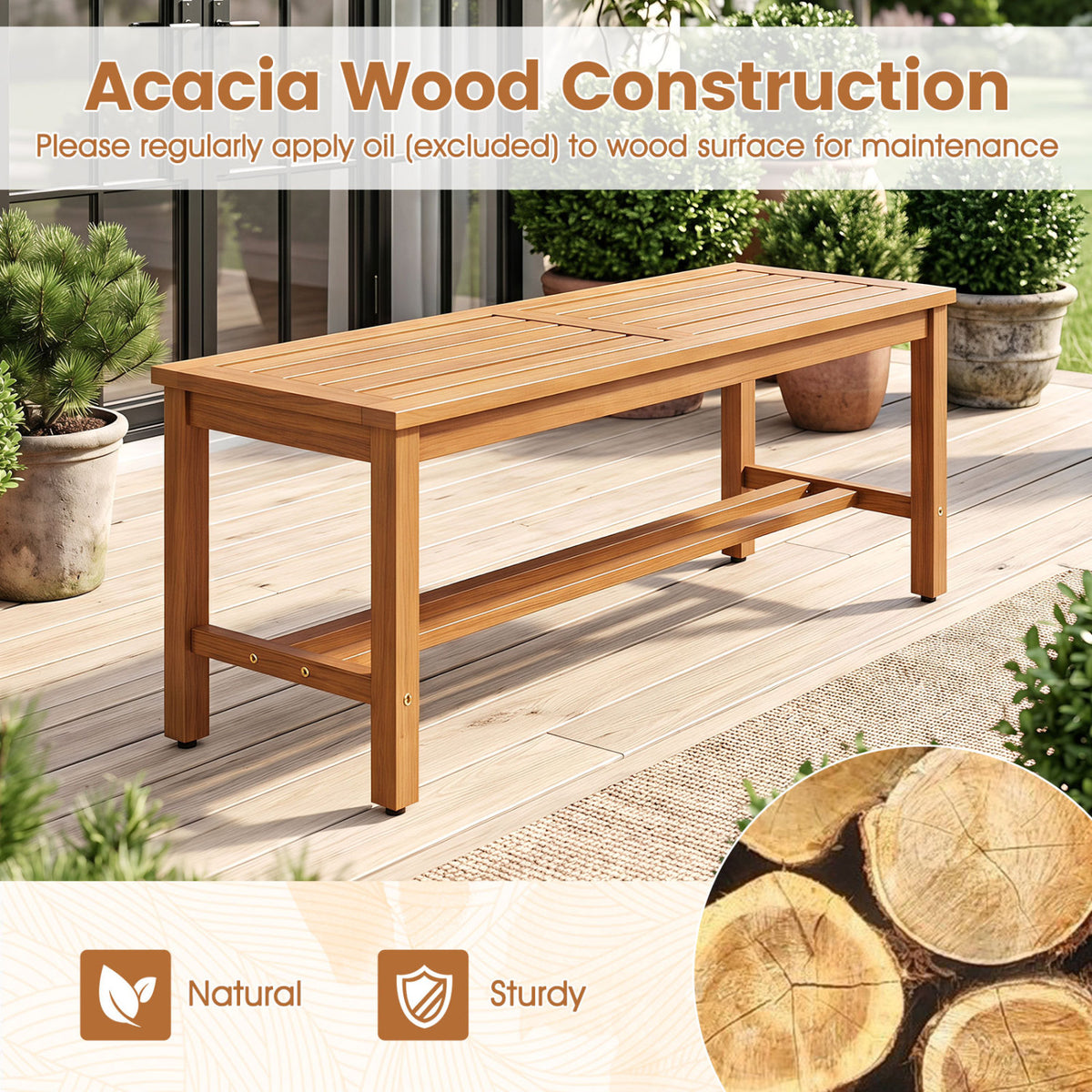 Outdoor Acacia Wood Patio Bench for 2 with Slatted Seat