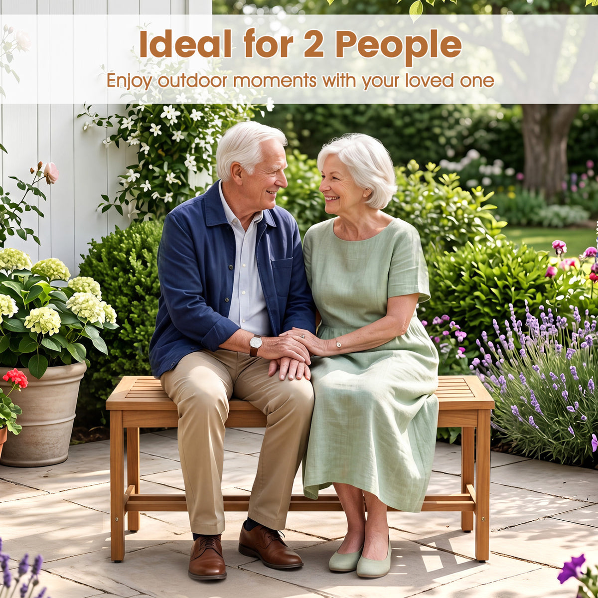 Outdoor Acacia Wood Patio Bench for 2 with Slatted Seat