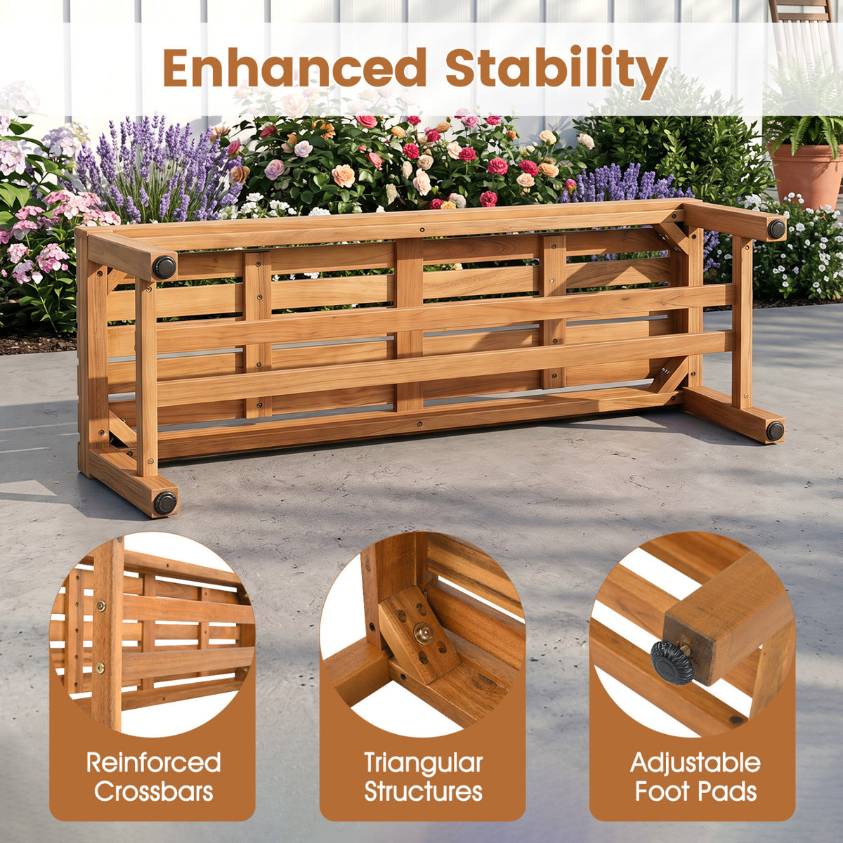 Outdoor Acacia Wood Patio Bench for 2 with Slatted Seat