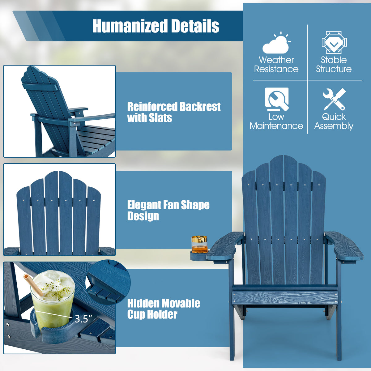 Outdoor Adirondack Chair with Cup Holder, Navy