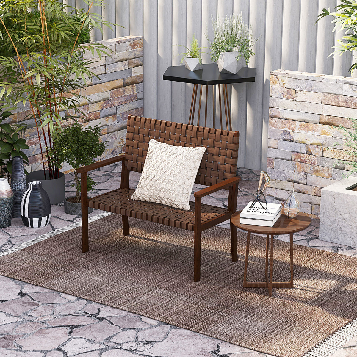 Outdoor Bench with Rubber Wood Frame and Hand-Woven PU Leather - Brown