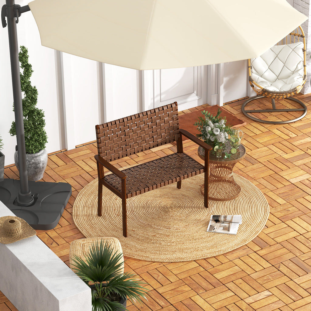 Outdoor Bench with Rubber Wood Frame and Hand-Woven PU Leather - Brown