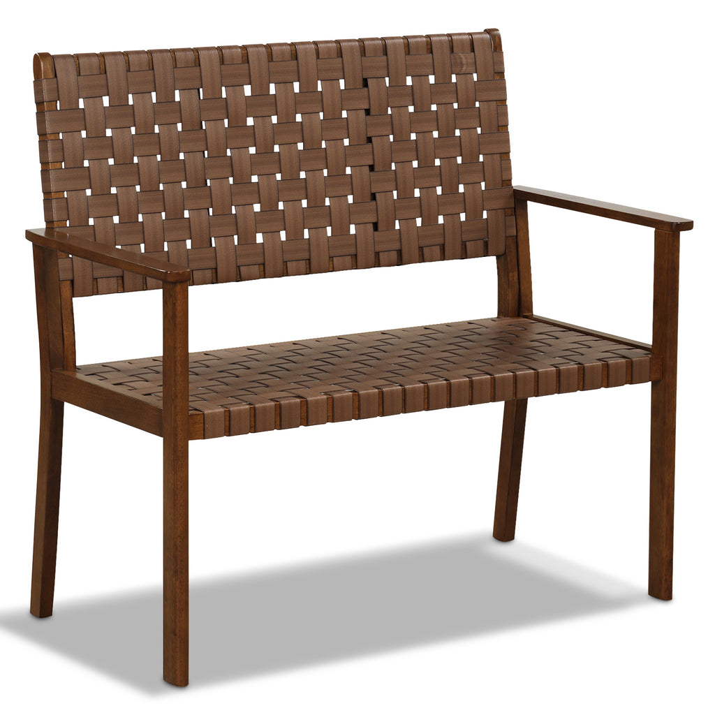 Outdoor Bench with Rubber Wood Frame and Hand-Woven PU Leather - Brown