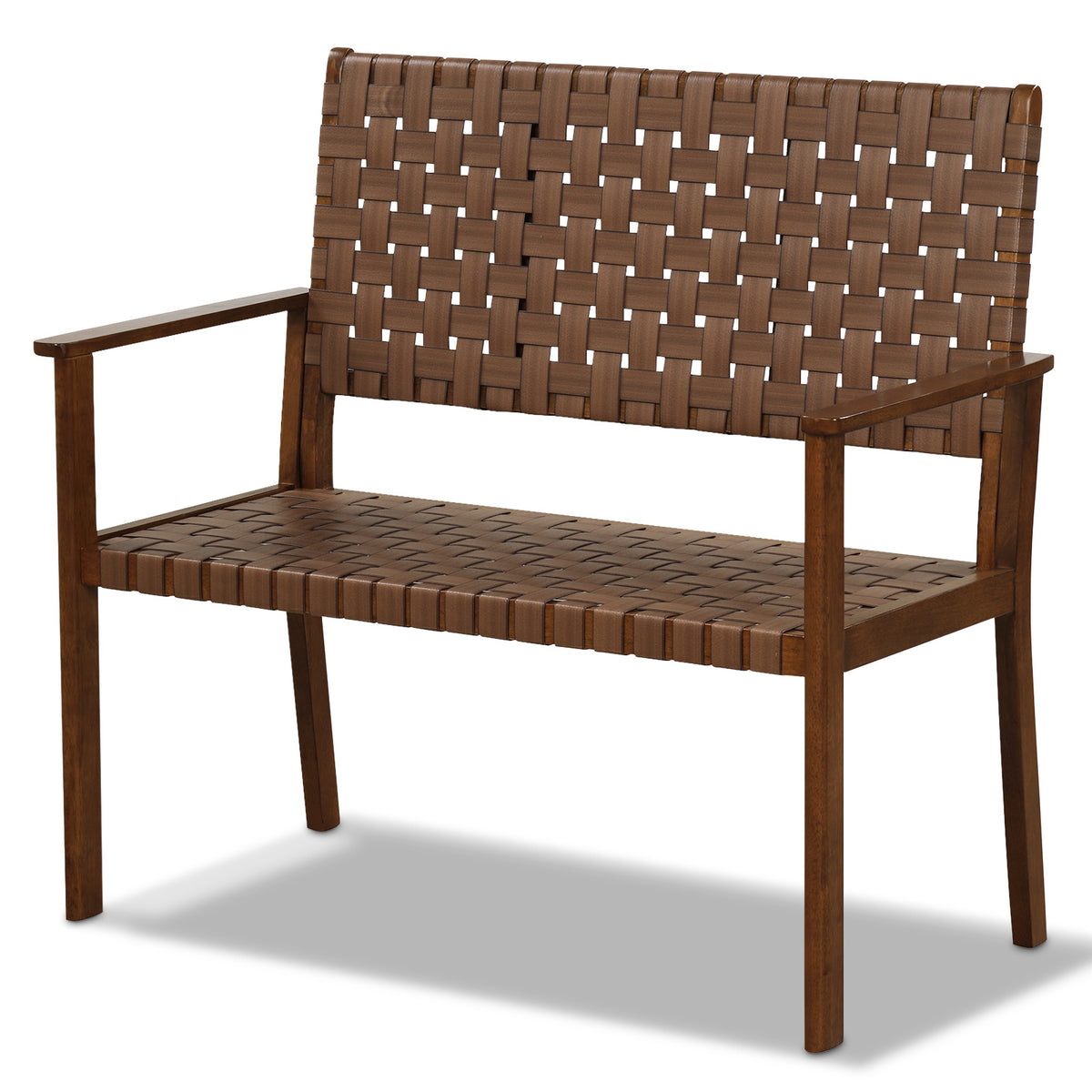 Outdoor Bench with Rubber Wood Frame and Hand-Woven PU Leather - Brown