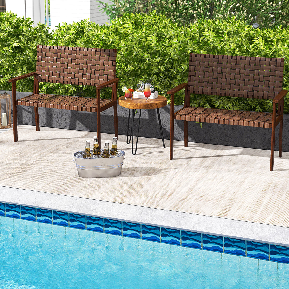 Outdoor Bench with Rubber Wood Frame and Hand-Woven PU Leather - Brown