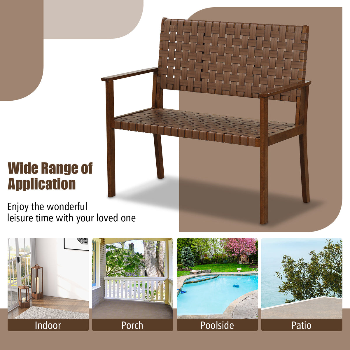 Outdoor Bench with Rubber Wood Frame and Hand-Woven PU Leather - Brown
