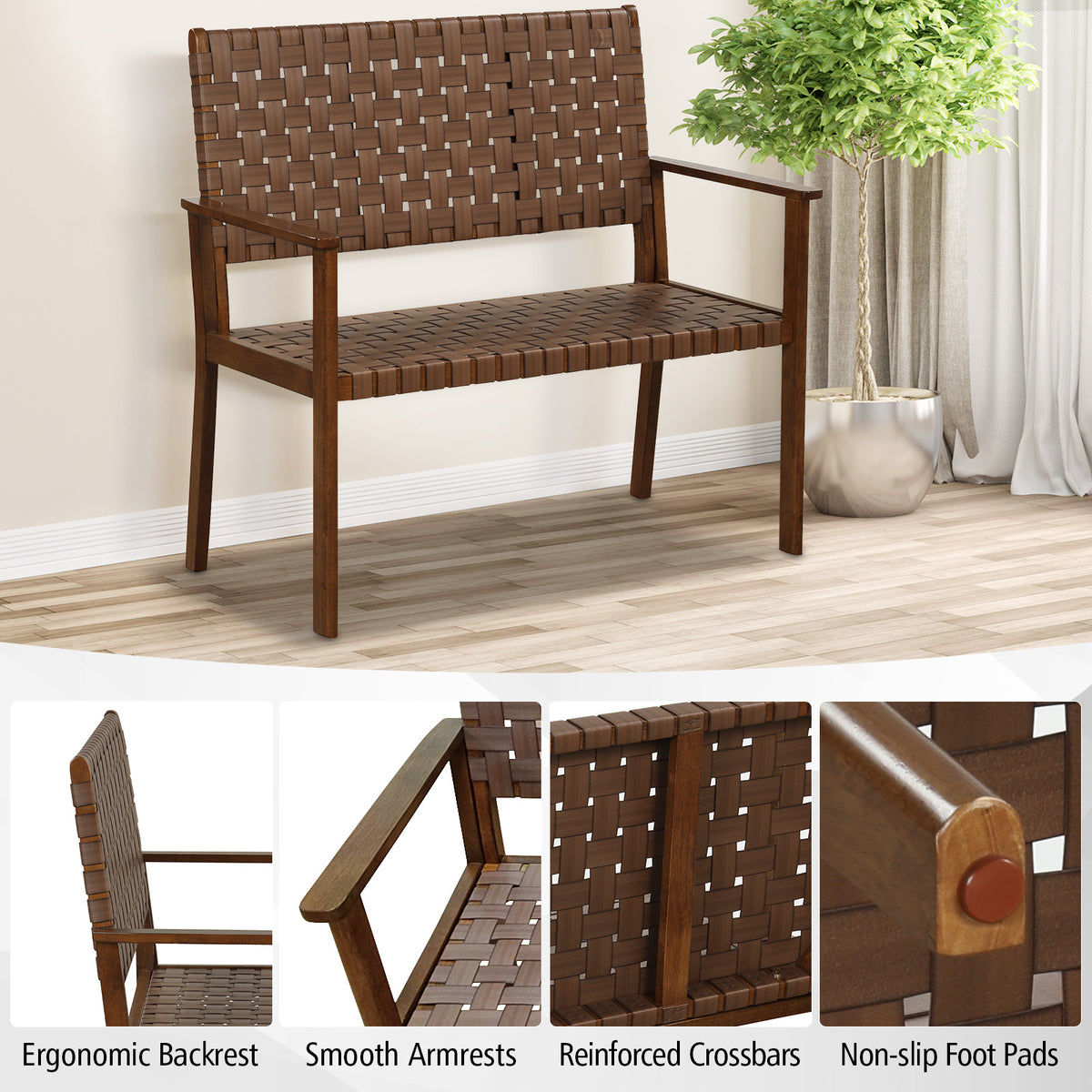 Outdoor Bench with Rubber Wood Frame and Hand-Woven PU Leather - Brown
