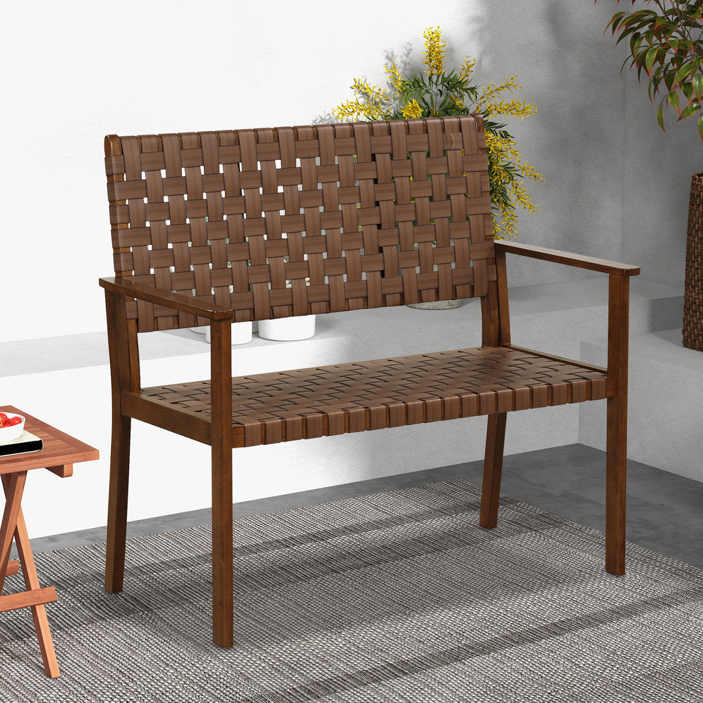 Outdoor Bench with Rubber Wood Frame and Hand-Woven PU Leather - Brown