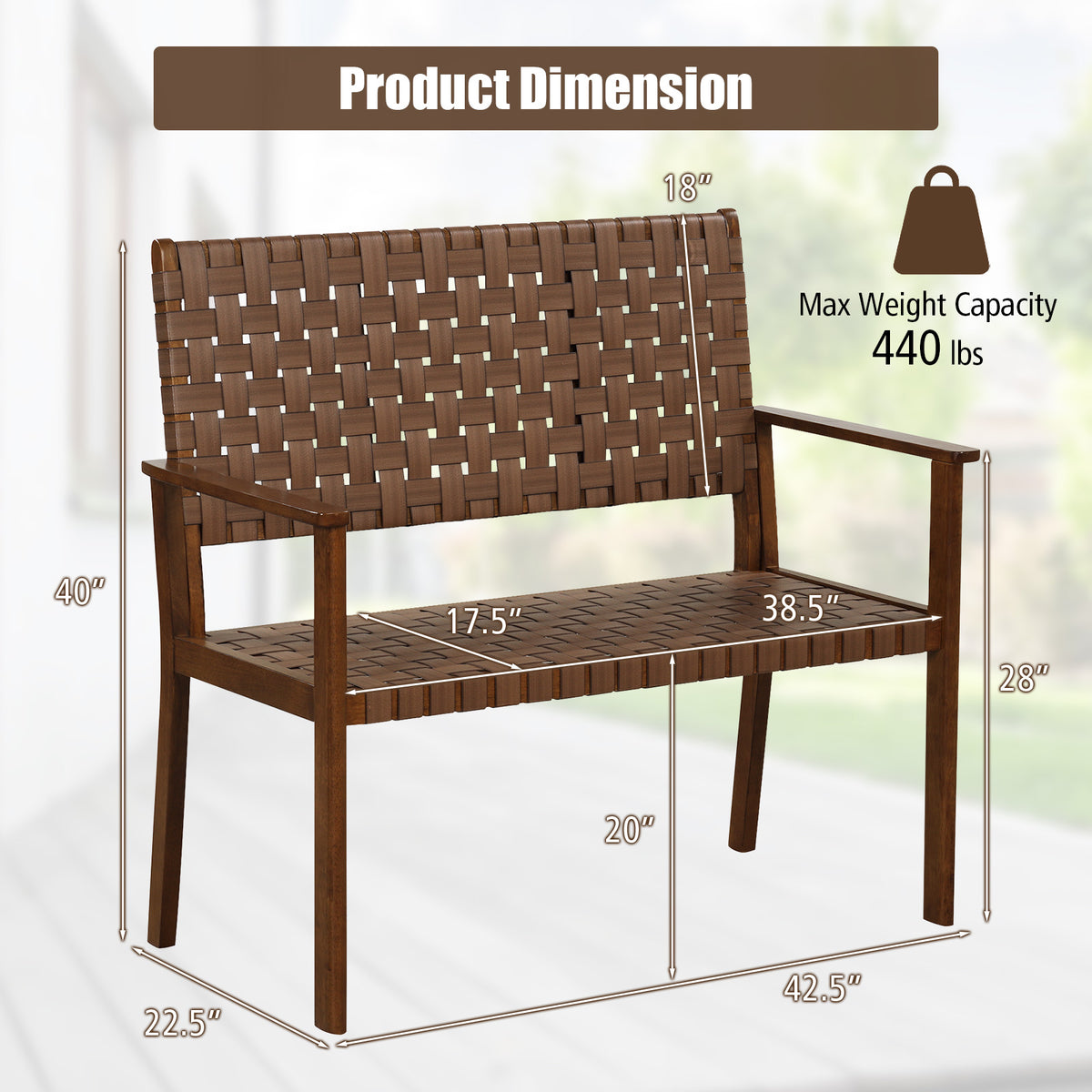 Outdoor Bench with Rubber Wood Frame and Hand-Woven PU Leather - Brown