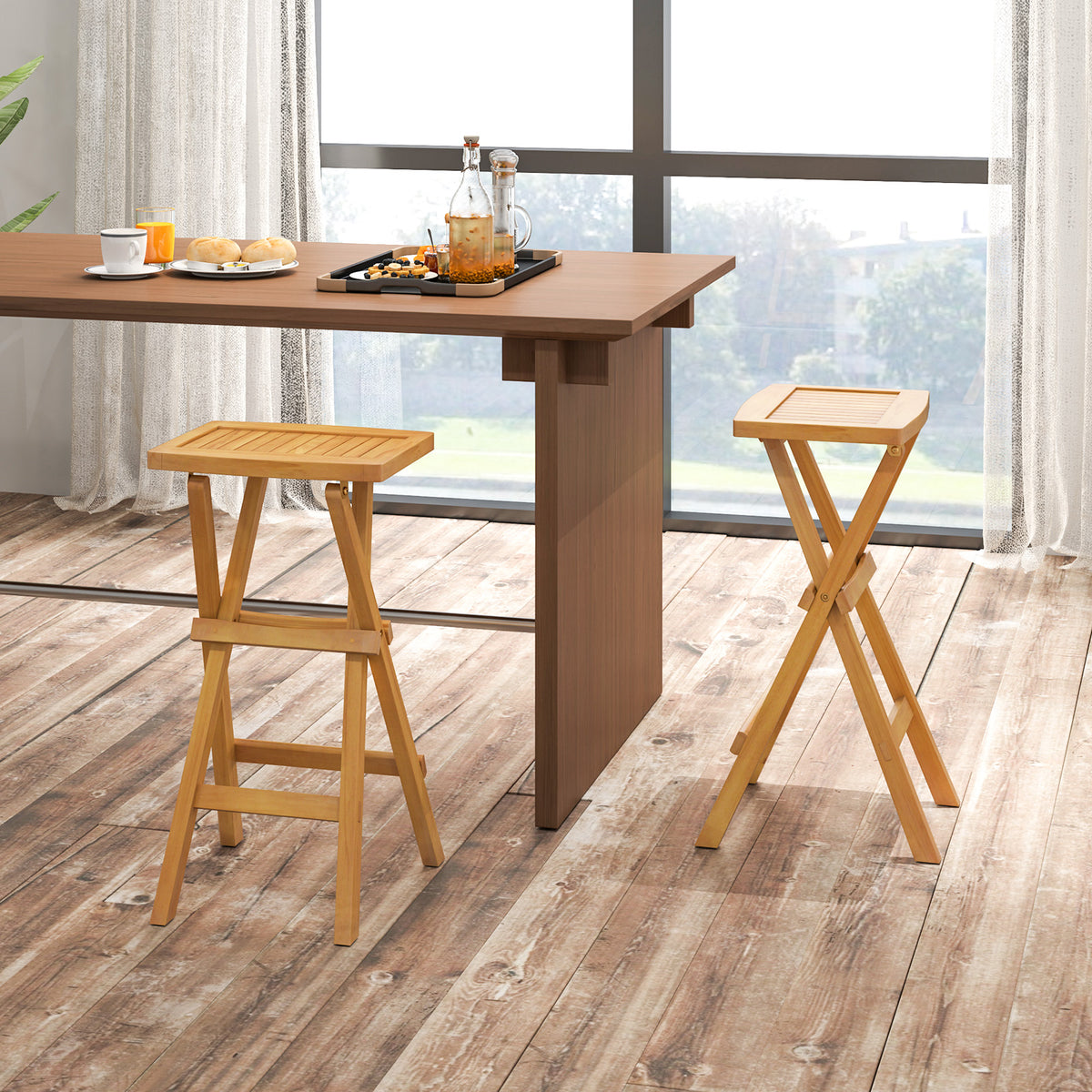 Foldable Outdoor Bar Stools, Set of 2 - Teak Wood