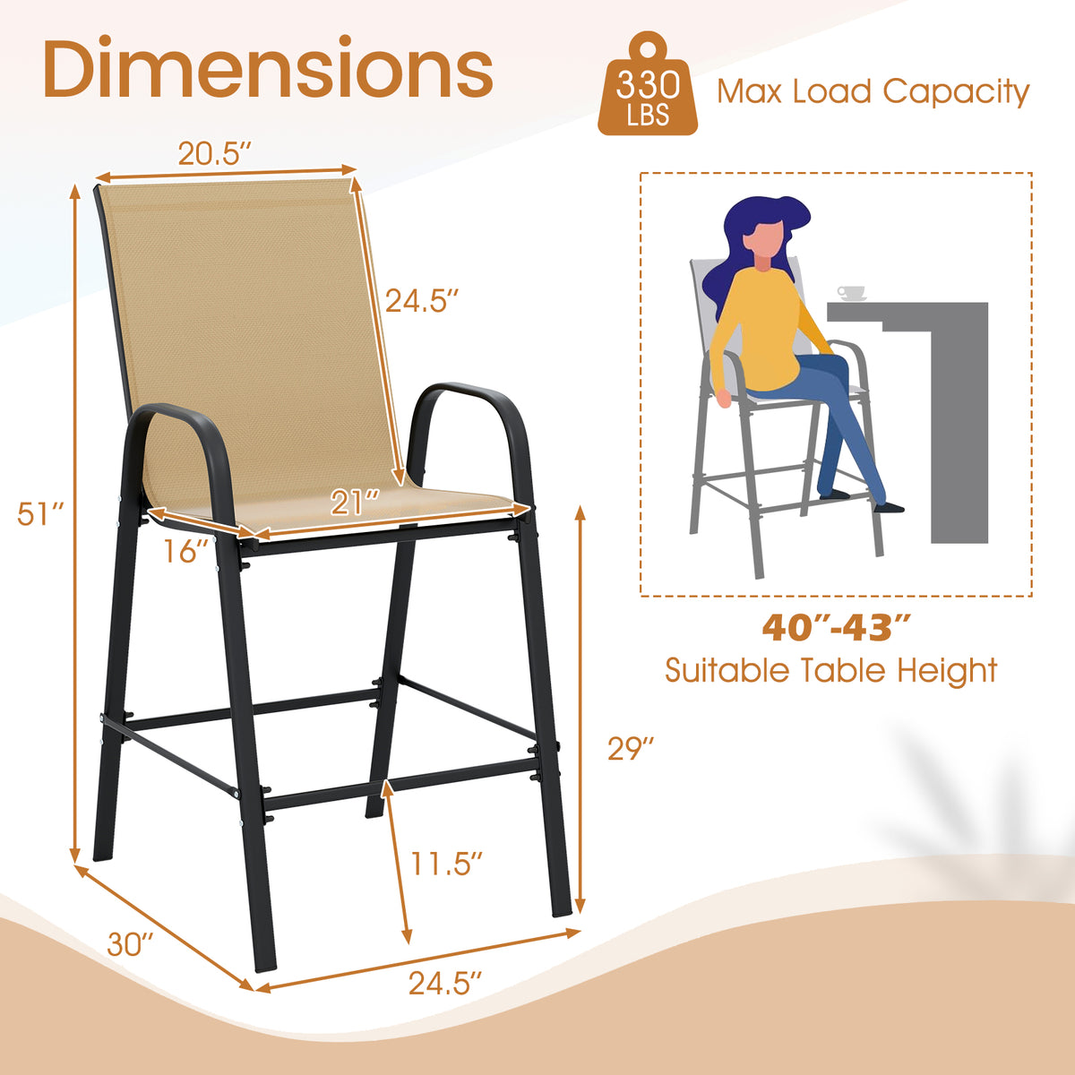 Outdoor Bar Stools Set of 2 29 Inch Fabric Height with Armrests