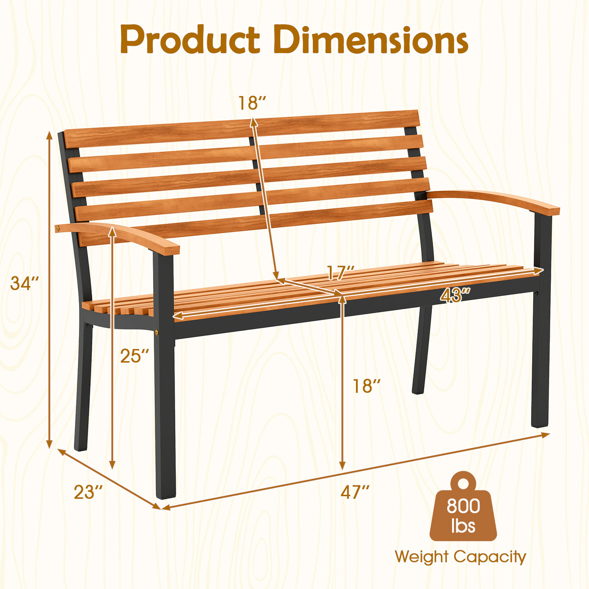 Acacia Wood Patio Bench with Backrest & Armrests