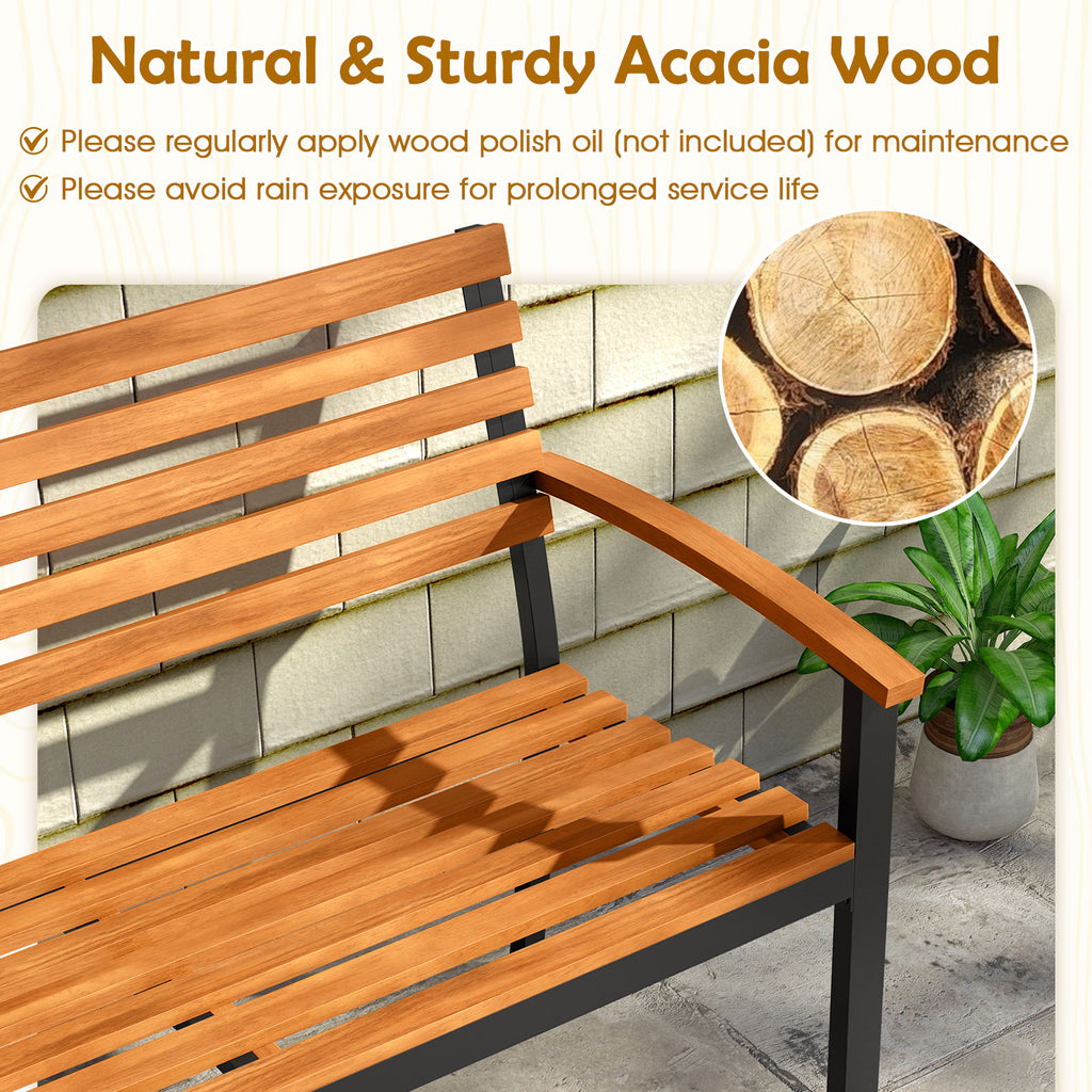 Acacia Wood Patio Bench with Backrest & Armrests