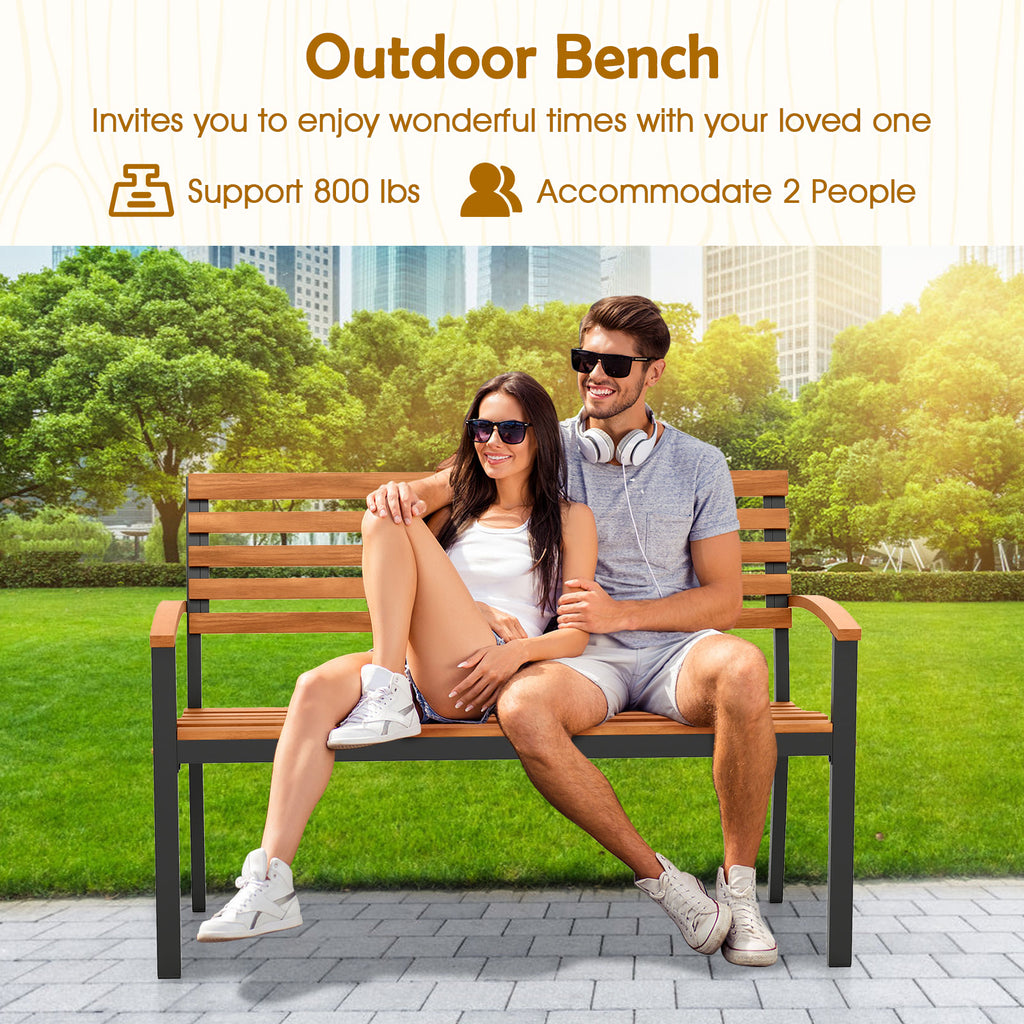 Acacia Wood Patio Bench with Backrest & Armrests