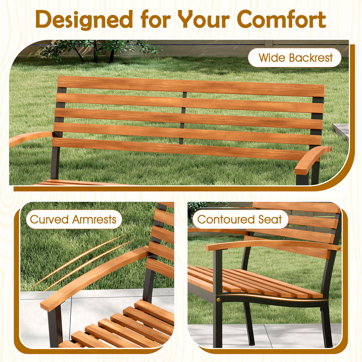 Acacia Wood Patio Bench with Backrest & Armrests