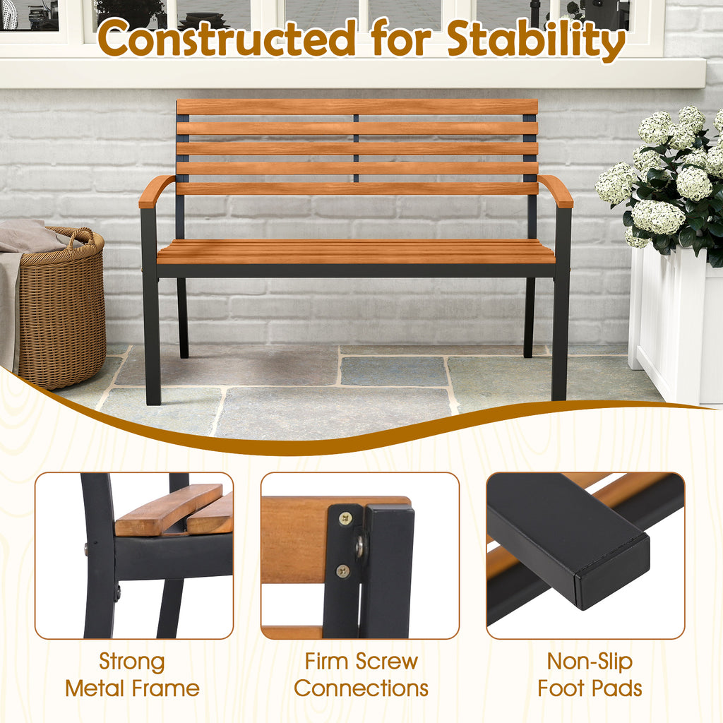Acacia Wood Patio Bench with Backrest & Armrests