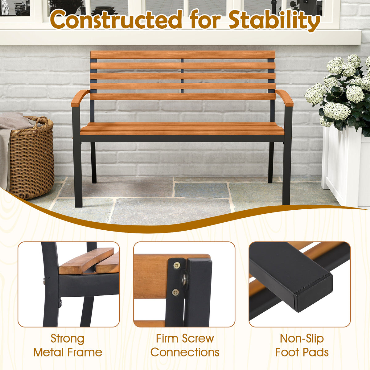 Acacia Wood Patio Bench with Backrest & Armrests
