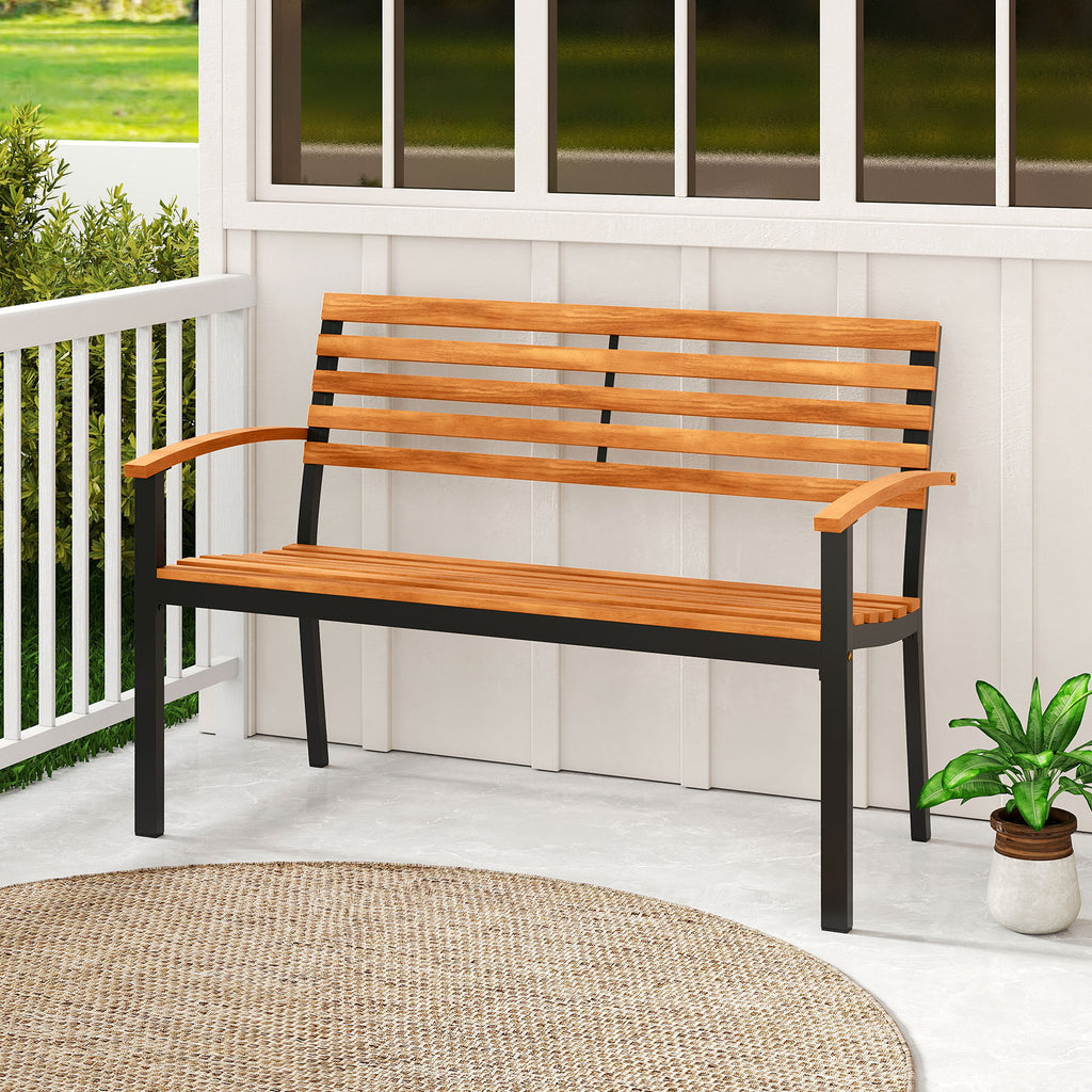 Acacia Wood Patio Bench with Backrest & Armrests
