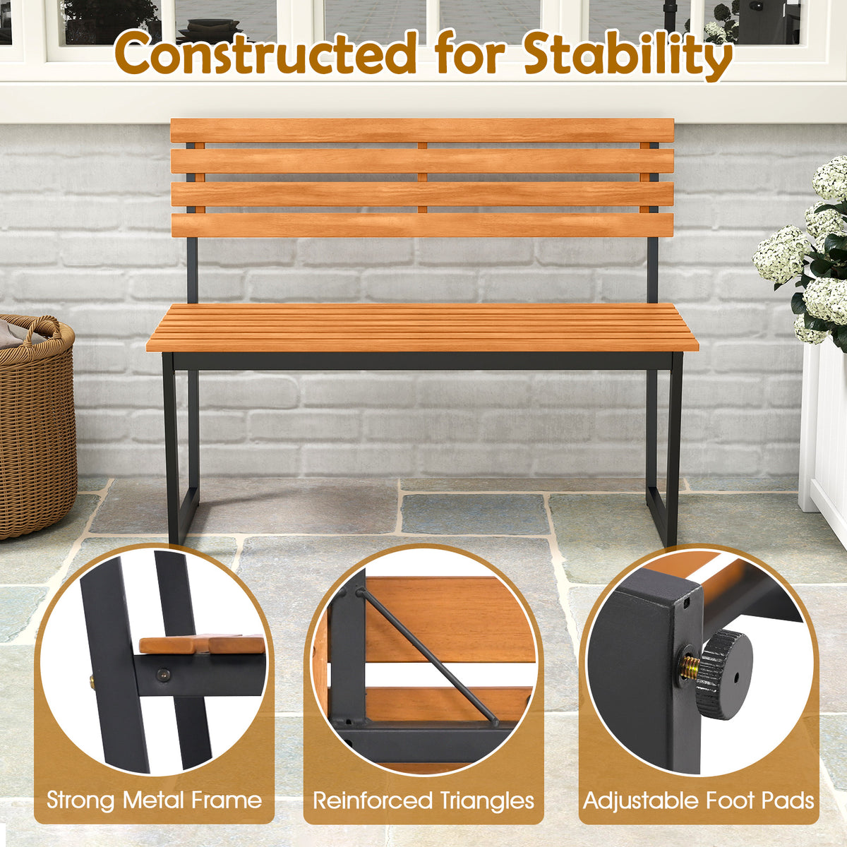 Acacia Wood Outdoor Bench with Backrest – Without Armrests