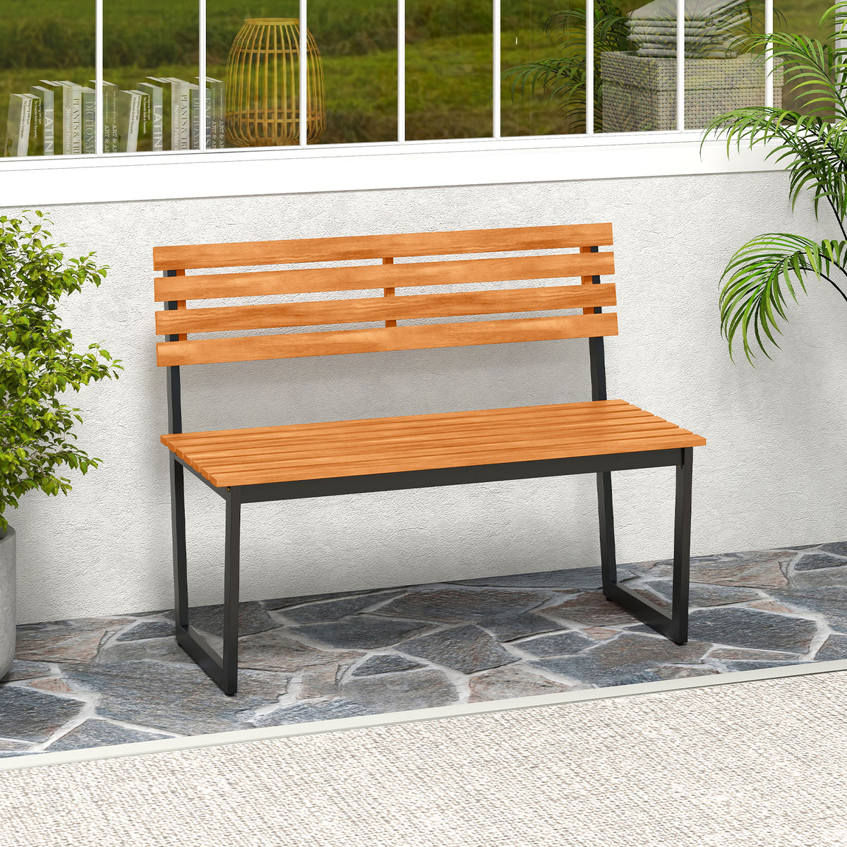 Acacia Wood Outdoor Bench with Backrest – Without Armrests