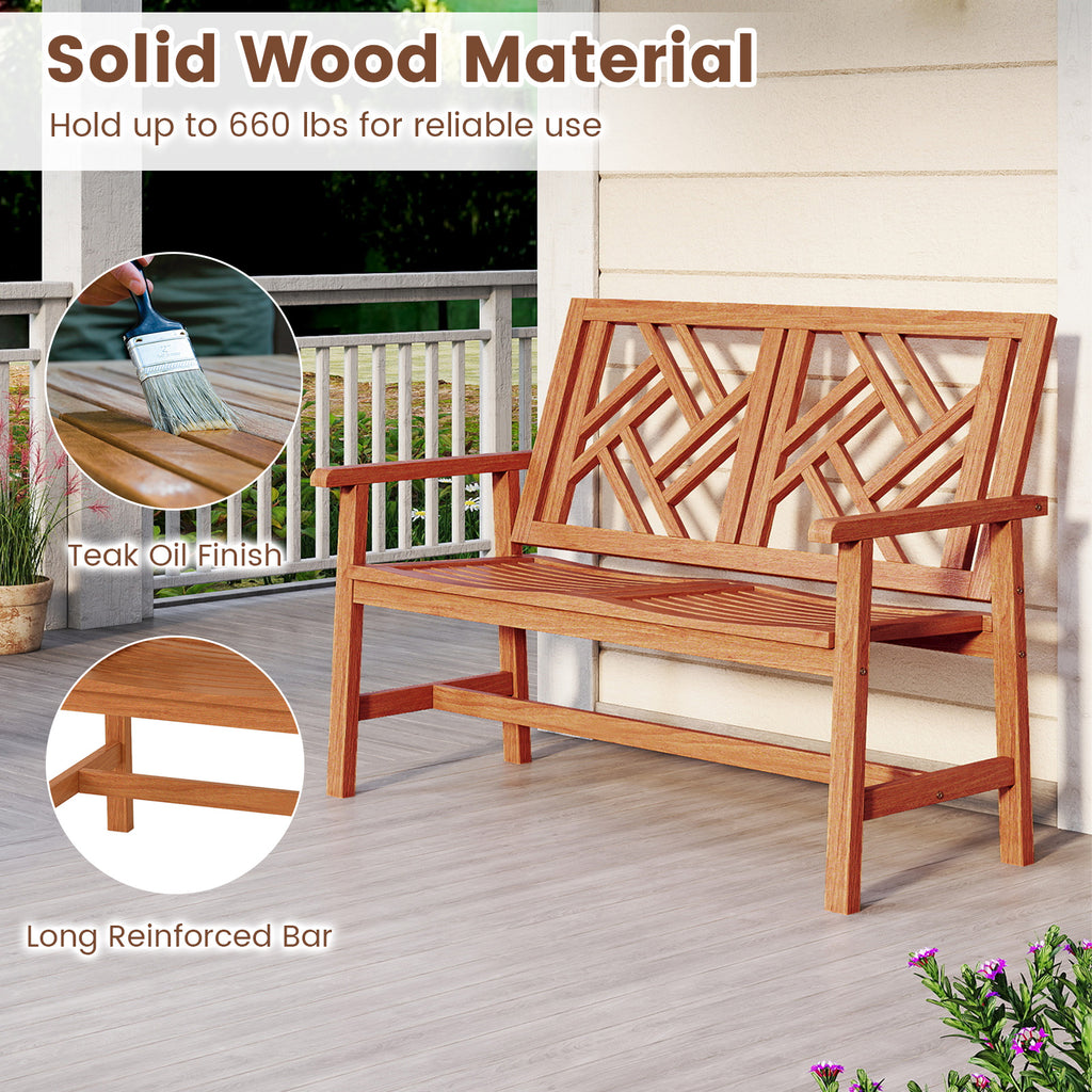 44.5 Inch Outdoor Wood Bench - 2-Person Loveseat with Geometric Backrest