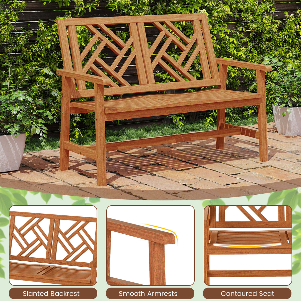 44.5 Inch Outdoor Wood Bench - 2-Person Loveseat with Geometric Backrest