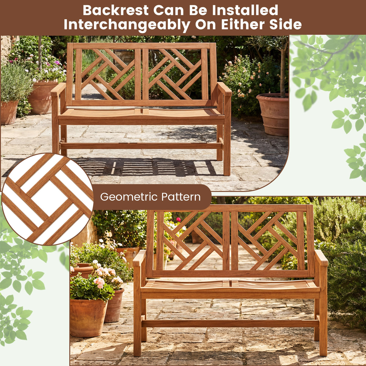 44.5 Inch Outdoor Wood Bench - 2-Person Loveseat with Geometric Backrest