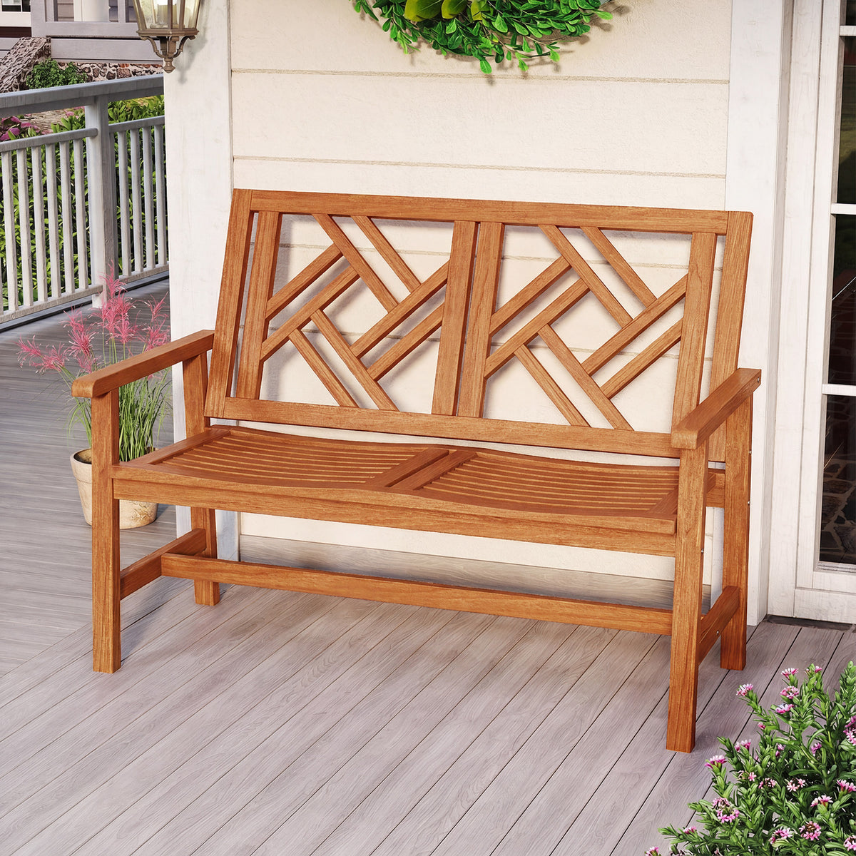44.5 Inch Outdoor Wood Bench - 2-Person Loveseat with Geometric Backrest